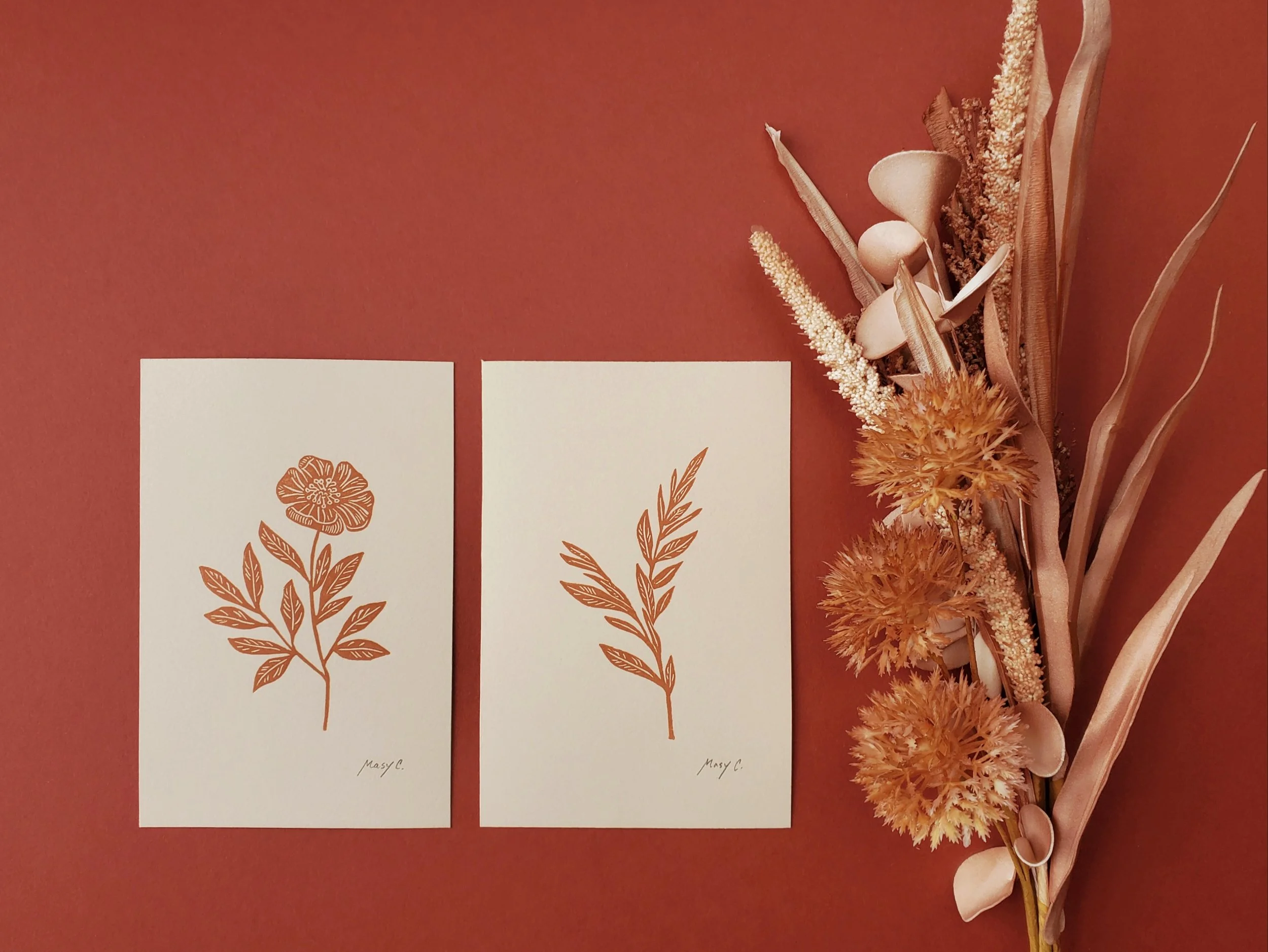 Small botanical block print - 4x6 neutral floral wall art - small
